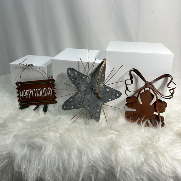 Other - Rustic Metal Christmas Ornaments Set of 3 Snowflake Star Happy Holiday